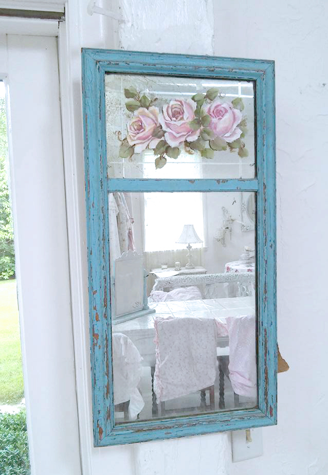 Hand Painted Roses Vintage Mirror Blue And Pink This Is A Beautiful Vintage Shabby Mirror With Etching On The Top Part Of Ling Paint And Stunning Pink Hand Painted Roses In Oils